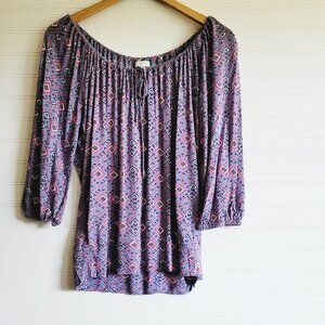 Joie Top Womens Size Medium Blue Aztec Print Peasant Banded Bottom